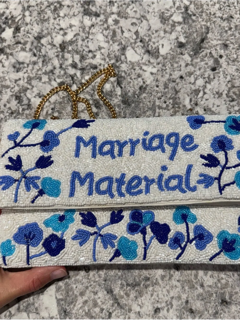 Francesca's Collections White Beaded Clutch with Blue Floral Accents